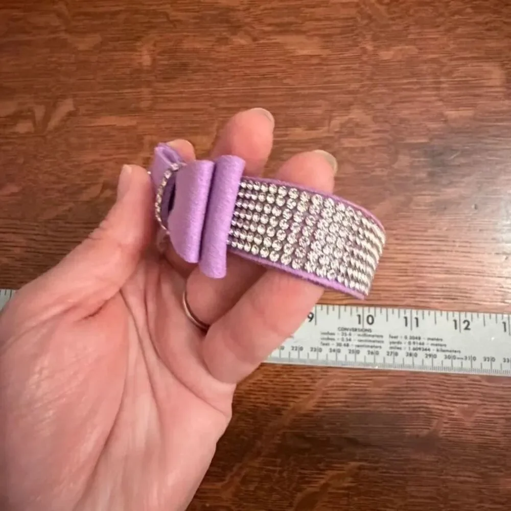 Purple Suede Rhinestone Bow Dog Collar Bling Crystal Pet Collar Medium